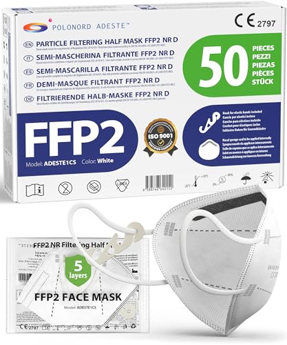 ADESTE – 50 Masques FFP2 Blancs Certifiés CE, approvisionnement contrôlé, élastiques confortables, hypoallergéniques et réglables. EFB 99,5%. Emballage individuel
