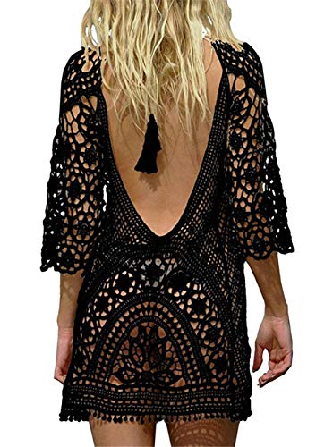 Cache-Maillots et Sarongs, Femme Maillot de Bain Dos Ouvert Robe de Maillot de Bain Bikini Dentelle au Crochet, C- Noir, Taille Unique