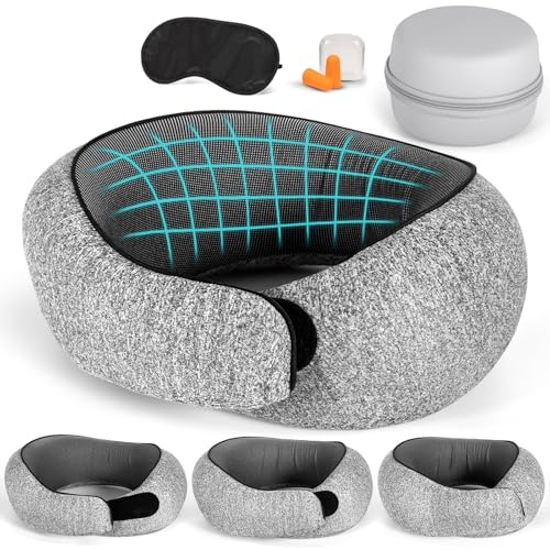 PQETBV Oreiller de Voyage en Mousse à mémoire de Forme, Oreiller de Voyage Ergonomique, Coussin de Voyage, avec Bouchons d'oreilles, Cache - Yeux, Boîte de Rangement, pour Avion, Voiture, Bureau