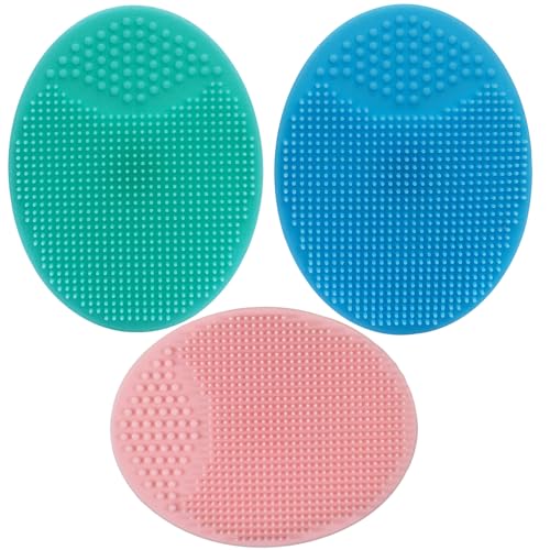 Brosse visage manuelle silicone et Brosse exfoliante pour adultes，Brosse de bain cuir chevelu bebe，Brosse de massage bebe，Brosse à bébé pour Cradle Cap，Brosse en silicone souple (Bleu+Rose+Vert)
