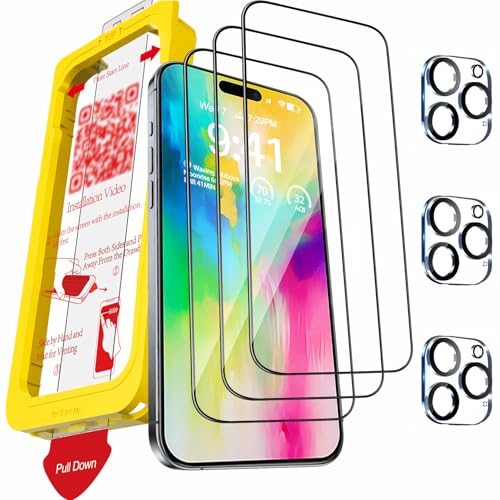 Milomdoi 3 Pièces Verre Trempé pour iPhone 16 Pro Max Couverture Complète avec 3 Pièces Caméra Arrière Protection Accessoire,9H Protection écran
