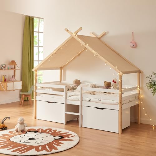 [en.casa] Lit Cabane avec Toit Amovible et 2 Tiroirs de Rangement Lit Enfant en Forme de Maison avec Sommier à Lattes Bois de Pin Contreplaqué Tissu 90 x 200 cm Naturel Blanc Beige