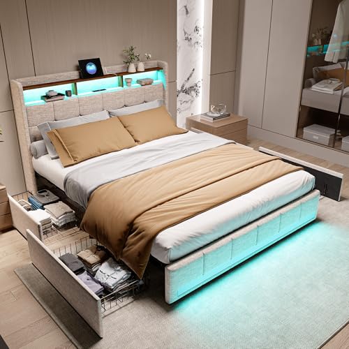 Lit 160x200 avec sommier éclairage LED et Charge USB, Lit Double rembourré avec 4 tiroirs et tête de lit de Rangement,en Lin, Lit 2 Personnes pour Adultes et Adolescents (Beige, 160 x 200 cm)