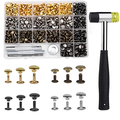 360 Ensembles de Rivets en Cuir 4 Couleurs Double Cap Rivets pour Cuir 3 Tailles avec Marteau en Caoutchouc Kit d'Outils d'Installation 4 Pièces pour Bricolage Cuir Artisanat Vêtements Chaussures