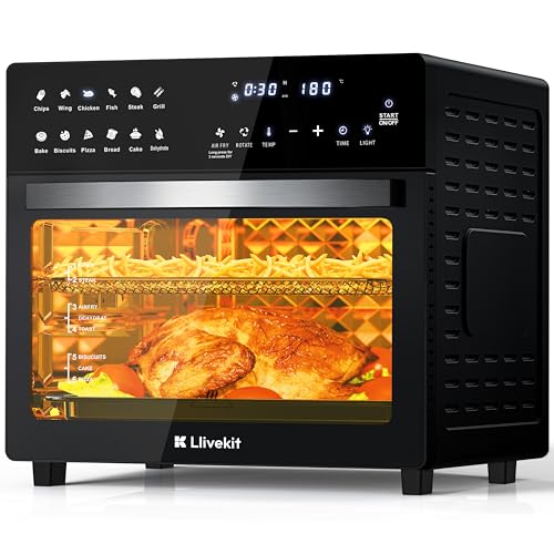 LLIVEKIT Friteuse sans Huile 26 L Mini Four électrique 1700W Friteuse à air chaud avec écran LED, 12 Fonctions, 7 Accessoires, Minuteur et Réglateur de Température, Grande Capacité