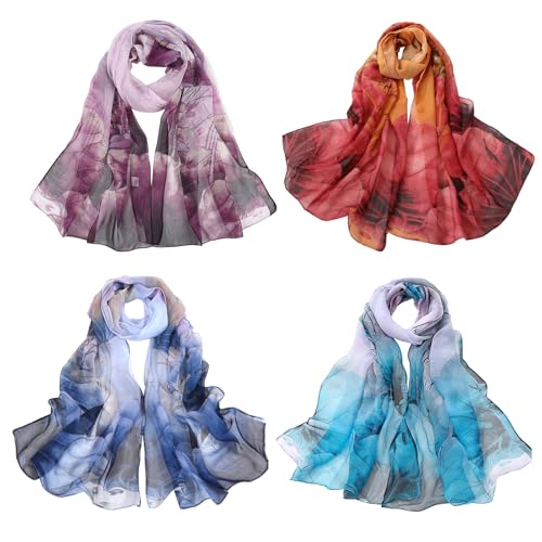 HTTDSLF 4 Pièces Écharpe Foulard, Foulard Femme, Echarpe Châle, Echarpe Femme, Echarpes Femme, Foulards Femme, Écharpe Légère Pour Femme, Mode Motif Floral Wrap Châle, 150 x 50 CM