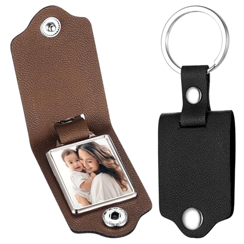 2 Pièces Porte-clés Personalisés Photo en Cuir avec Anneau, Porte-clés Gravé Image, Cadeau pour Petit Ami ou Amie