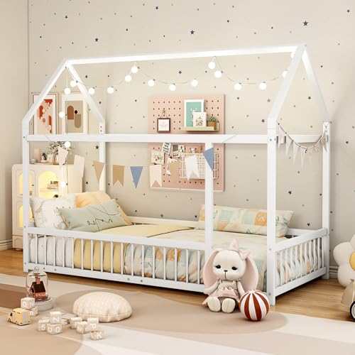 Cenbunsh Lit Cabane 90x190 cm, Lit Montessori avec Barrière de Sécurité, Métallique et d'un Sommier à Lattes Solide, Maison au Sol, Blanc
