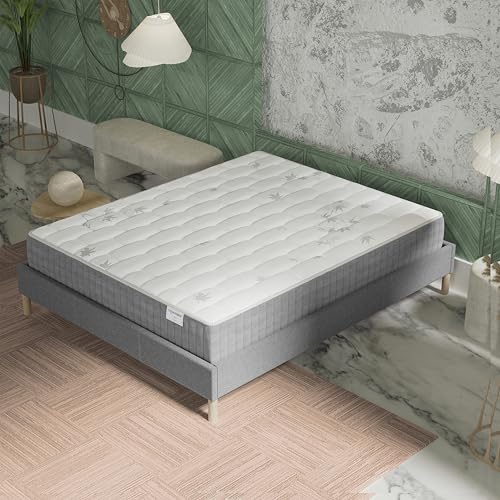 November- Ensemble Matelas + sommier (140 x 190cm)- Matelas Galice Ressorts ensachés & mémoire de Forme d’épaisseur 25cm + Sommier Bois Stable & Robuste revêtement Tissu Gris