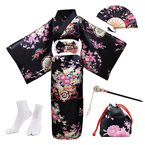 PLULON 5 Pcs Robe Japonaise Geisha Yukata Robe Blossom Satin Peignoir avec Sac à Cordon Main Ventilateur Épingle à Cheveux Tabi Chaussettes Ensemble pour Femme