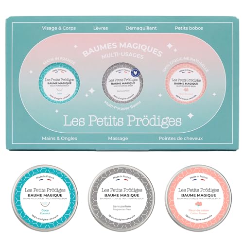 LES PETITS PRODIGES Coffret Cadeau Fête des mères - 3 Baumes magiques 10ml - Soins Nourrissants Corps, Visage, Lèvres et Cheveux - 100% Naturel - Fabriqué en France - Tout Type de Peau