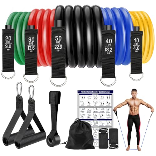 Fokky Elastique Musculation, Lot de 5 Bande de Resistance Musculation, 5 Niveaux de résistance, avec ancrage de Porte, poignées, Sangles de Cheville, idéales pour Le Yoga, Le Pilates