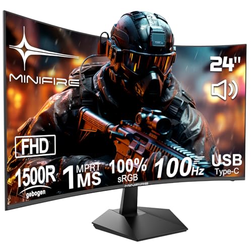 Minifire écran pc Gamer incurvé 24 Pouces 100Hz avec Haut-Parleur -1500R FHD (1920 x 1080p) VA Panel, MPRT 1ms, sRGB100%, Less Blue Light, HDMI 1.4, Type-C 2.5W, supporte VESA 75 * 75 - Noir（MF24C1）