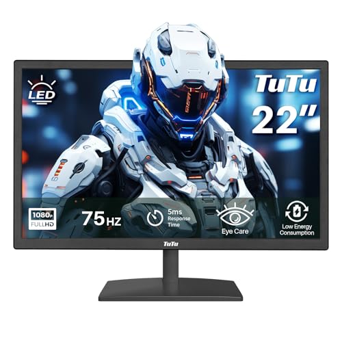 TuTu Écran PC 22 Pouces Bureautique Full HD LED 75Hz Moniteur PC VGA HDMI Écran Ordinateur de Bureau 5ms Soin des Yeux Anti-Scintillement Travail