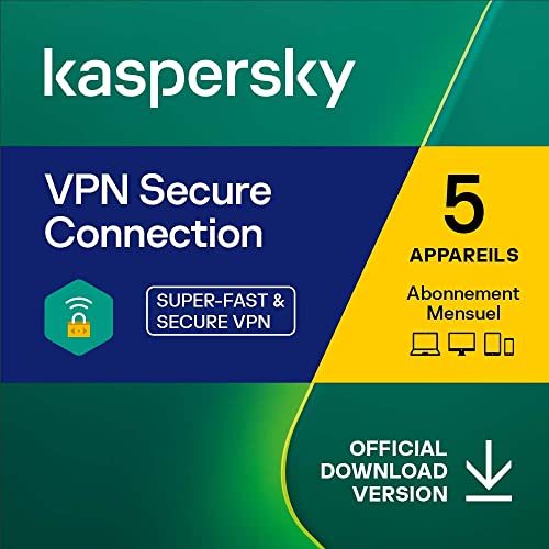 Kaspersky VPN Secure Connection | 5 Appareils | 1 Compte Utilisateur | Abonnement Mensuel | Windows/Mac/Android/iOS | Code d’activation – Envoi par Email