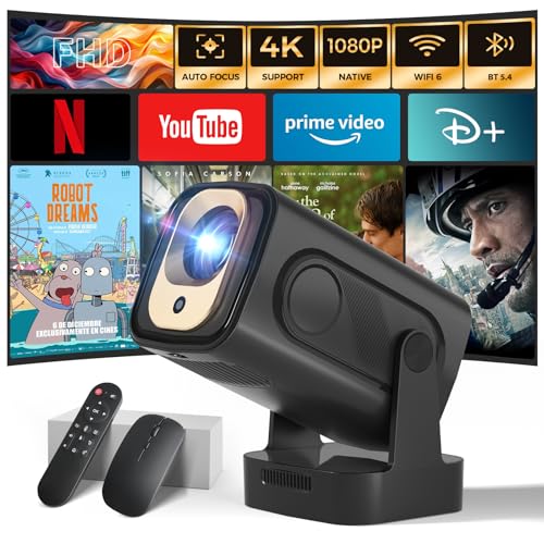 Vidéoprojecteur [Auto Focus & 1080P Natif & Apps intégréess] Rétroprojecteur 4K Auto Correction WiFi 6 Bluetooth 5.4 Mini Projecteur Portable Compatible avec HDMI/TV Stick/Memory Stick/Laptop, Noir
