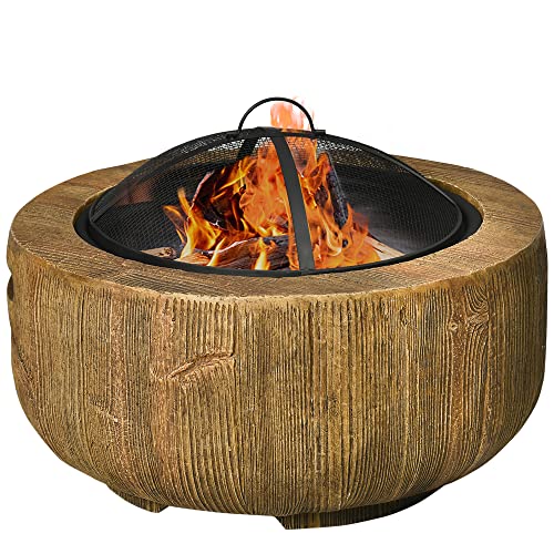 Outsunny Bol de feu, Foyer avec Couvercle, Panier de feu avec tisonnier, en Design de souche, pour Jardin, Camping, terrasse, Acier, MgO, Brun