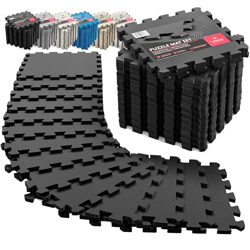 Tapis de Fitness Protection de Sol Salle de Sport - Dalles en Mousse sans BPA + Bordures | Matelas Puzzle Tatami EVA Caoutchouc pour Matériel Gym Banc de Musculation Course Garage Piscine Isolation