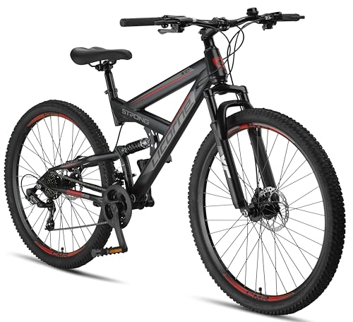 Licorne Bike Strong Vélo Tout Terrain 2D de qualité supérieure 27,5" pour garçon Fille Femme et Homme avec Frein à Disque Avant et arrière 21 Vitesses dérailleur Suspension complète Noir et Rouge