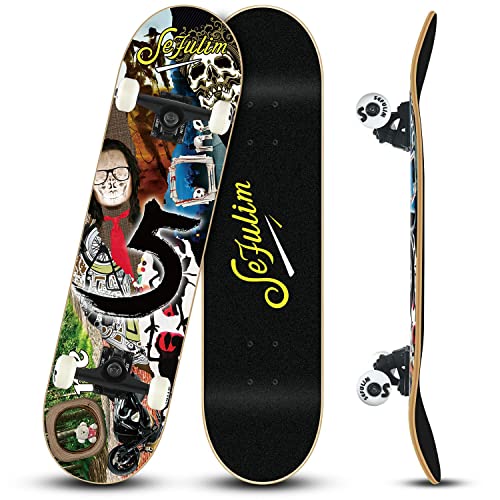 Sefulim 31 x 8 Pouces Ensemble Complet de 7 Couches érable Canadien Double kickboard concave Cruiser Stunt Skateboard pour garçon Fille Adolescent Adulte débutant