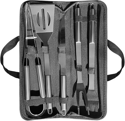 Set d'Ustensiles de Barbecue 5 Pièces, Acier Inoxydable, Étui de Transport, Couteau, Spatule, Pince, Fourchette, Pinceau