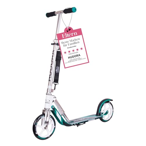 HUDORA BigWheel 205 Scooter - Trottinette stable en aluminium - Réglable en hauteur & pliable avec béquille - Trottinette sportive pour enfants & adultes jusqu'à 100kg, turquoise
