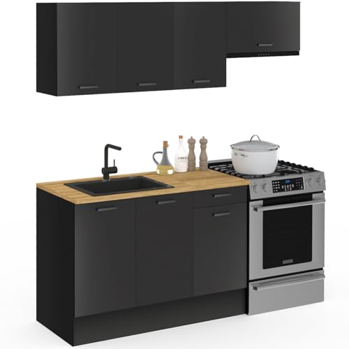 IDMarket - Cuisine complète 180 cm Subtil avec Plan de Travail 5 éléments Noir et Plateaux Bois
