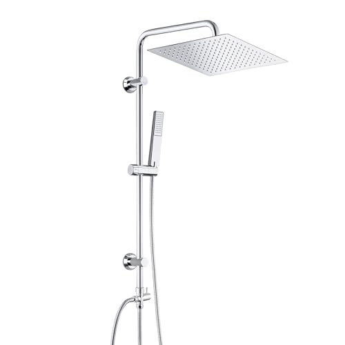 Görbach Colonne de Douche Pluie Réglable en Hauteur Ensemble de Douche Mécaniques Murales Réglables ​Système Pluie avec Douchette Effet Pluie en ABS et Douche de Tête en INOX 30x30cm