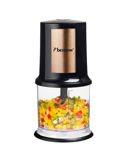 Bestron hachoir électrique, mini hachoir idéal pour les légumes, les oignons, Deux lames de coupe & capacité de 500 ml, Coleur: Noir/Argent, Cuivre