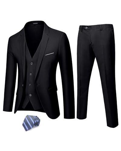 Hihawk Costume 3 pièces pour Homme avec Tissu Extensible, Coupe ajustée, Ensemble Blazer à Un Bouton, Veste, Gilet et Pantalon avec Cravate, Noir, Taille S