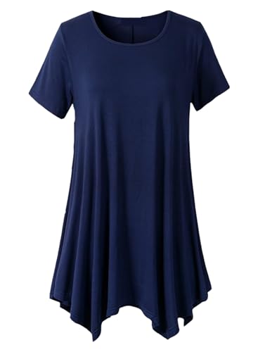 crazy bean Tee Shirt à Manches Courtes pour Femme Col Rond Ete Tunique Longue Grande Taille Vêtements Chic et Elegant Blouse Oversize Détente Classique Ourlet Élastique,Marine,XL