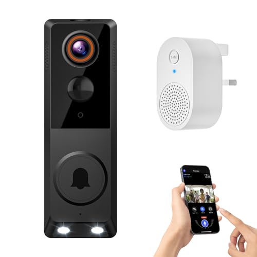Novaquill Caméra de sonnette vidéo sans fil 1080p, surveillance intérieur/extérieur, stockage dans le cloud, détection humaine AI, Wi-Fi 2,4 GHz uniquement, conversation bidirectionnelle, vision