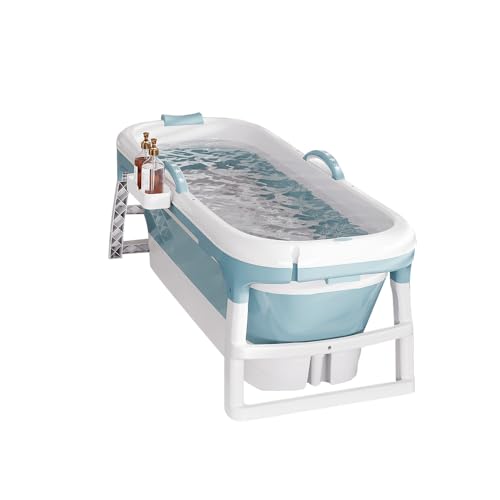 Baignoire pliable pour adultes, bain polaire en plein air, 118 * 60 * 53cm, portable, pliable, avec couvercle et rouleaux de massage, panier à savon, pour salle de bain et douche - Bleu
