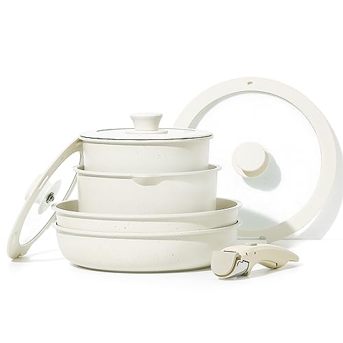 CAROTE Batterie de Cuisine 8 Pièces – Poêles & Casseroles Antiadhésives, Poignées Amovibles, Empilables, Idéal Camping/Van, Passe au Four