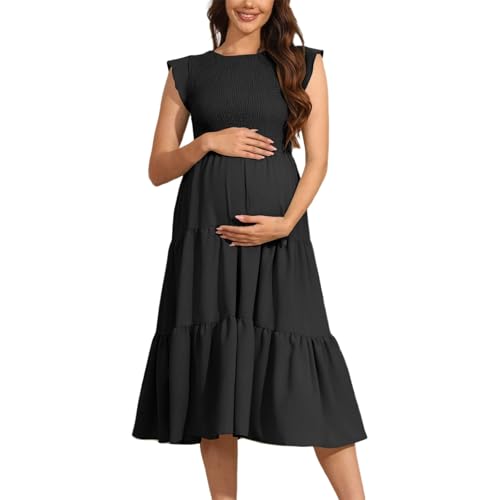 Robe Plissée Maternité sans Manche Col Rond Robe mi Longue Grossesse à Volants Ete Grande Taille Ample Enceinte Chic Pas Cher Shooting Photo (Noir, XL)