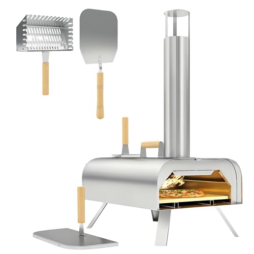 Outsunny Four à pizza extérieur portable à bois ou à pellet avec pierre à pizza, pieds pliables, cheminée, en acier inoxydable, argenté