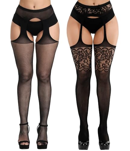 KLONKEE 2 PCS Bas pour porte-jarretelles Femme Collants Jarretelles Noir Femme Sexy Taille Extensibles Collant Ouvert