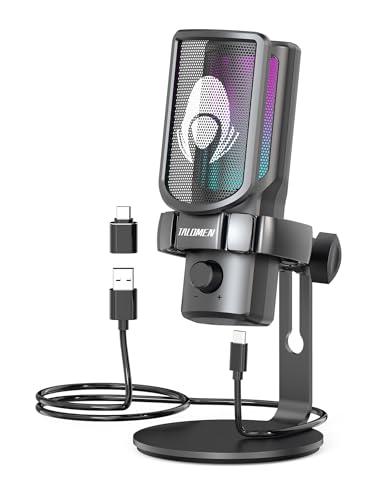 Talomen Microphone de jeu USB pour PC avec éclairage RGB, bouton Mute, bouton Gain, microphone à condensateur pour podcast, support anti-choc pour le streaming, l'enregistrement, le chat, pour PS4,PS5