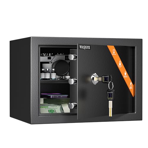 Coffre-Fort avec 2 Clés, WASJOYE Boîte de Serrure à Clé, 19L Boîte de Sécurité à Domicile/Bureaux, Coffre-Fort en Acier pour Ranger l'Argent, Bijoux, Médicaments, Téléphones, Passeports, 25*35*25cm