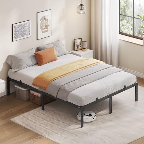VASAGLE Cadre de Lit Double, Sommier 140 x 190 cm, Cadre en Métal, Espace de Rangement au Dessous, Moderne, Lit d'Invité, Montage Facile, Noir Mat RMB133B01