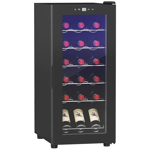 HOMCOM Cave à vin 18 bouteilles 50L réfrigérateur à vin silencieux avec porte en verre, étagères réglables, éclairage LED, écran tactile numérique, frigo vin contrôle de la température 5-18°C, noir