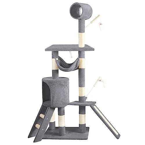 VOUNOT® Arbre à Chat Geant avec Griffoir XXL Arbre à Grimper pour Chat Centre d’Activités avec Niche et Plateformes pour Félins Hauteur 154cm Gris