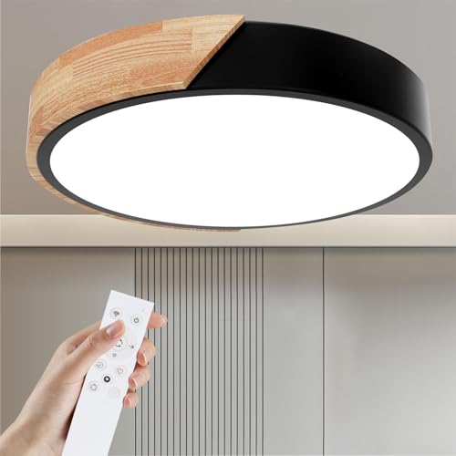 Plafonnier Bois,Plafond Dimmable 3000K-6000K,Plafonnier Led Télécommandé,32W Luminaire Moderne Pour Le Salon, La Chambre Et Le Couloir, 30CM，Noir