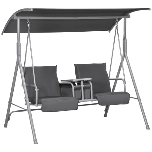 Outsunny Balancelle de Jardin 2 Places avec auvent inclinable Tablette Centrale 2 Porte-gobelets pour terrasse 175L x 112l x 158H cm Balcon Gris