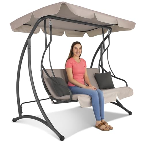 Balancelle de jardin 3 places résistante aux intempéries avec toit et coussin, banc à bascule, banc de relaxation, avec fonction allongée, pour jardin, terrasse, 190 cm Springos