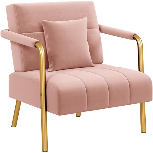 Yaheetech Petit Canapé 1 Place, Canapé en Velours avec Accoudoirs Arrondis, Coussin Carré, Cadre en Métal Doré pour Chambre à Coucher Salle d'attente Bureau, Rose