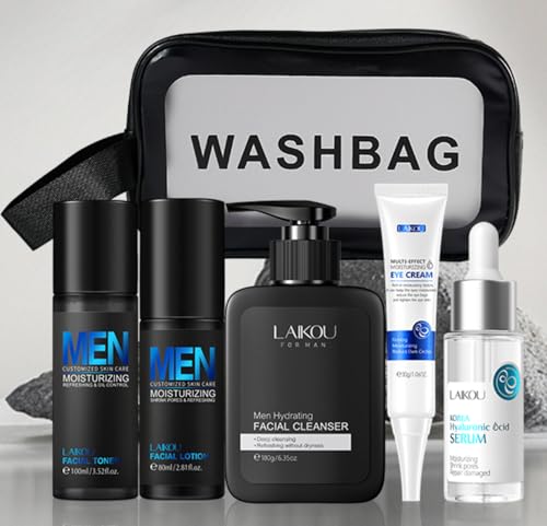 LAIKOU Skincare Routine Visage Kit Homme,Soins Hydratant Visage Homme, 3pièces Kit de Coffret Soin Visage Homme Complet Produit avce Nettoyant Lotion Crème,pour Tous les Types de Peau (5 pcs)