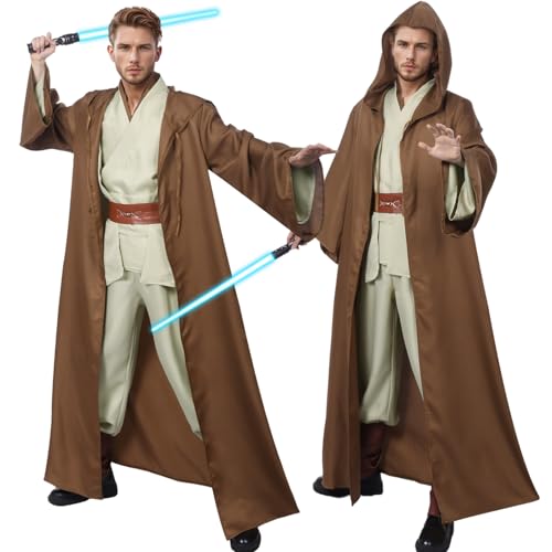Déguisement Adult Enfant Costume Guerrier Tunique Laser Saber Cape Capuche Noir Marron, Carnaval Halloween Deguisement Ensemble Militaire Hommes Femme Accessoire Dessin Animé Cosplay (Marron, M)