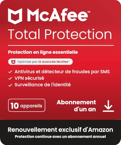 McAfee Total Protection 10 appareils 2025 |12 mois | VPN sécurisé, logiciel de sécurité avec antivirus, gestionnaire de mots de passe et surveillance de l'identité | Abonnements Amazon