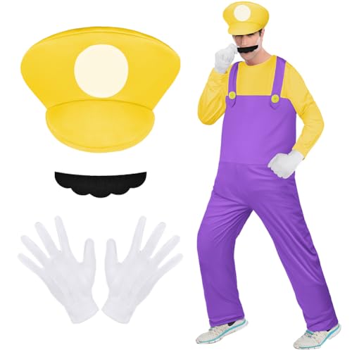 Aomig Costume de Héros d'enfance pour Adulte, Mario Luigi-Bros Costume de Cosplay, Bonnet, Pantalon, Barbe, Gants, Costume de Carnaval pour Homme,Femme,Adulte,Enfant, Adolescent
